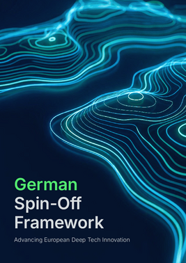 Cover page with blue abstract contour lines on a dark background and the title “German Spin-Off Framework – Advancing European Deep Tech Innovation.”