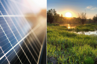 Es sind zwei Impressionen auf dem Bild: Links eine Photovoltaik-Anlage und rechts ein Moor (beide im Sonnenuntergang). 