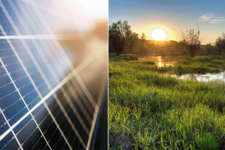 Es sind zwei Impressionen auf dem Bild: Links eine Photovoltaik-Anlage und rechts ein Moor (beide im Sonnenuntergang). 