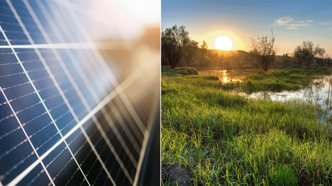 Es sind zwei Impressionen auf dem Bild: Links eine Photovoltaik-Anlage und rechts ein Moor (beide im Sonnenuntergang). 