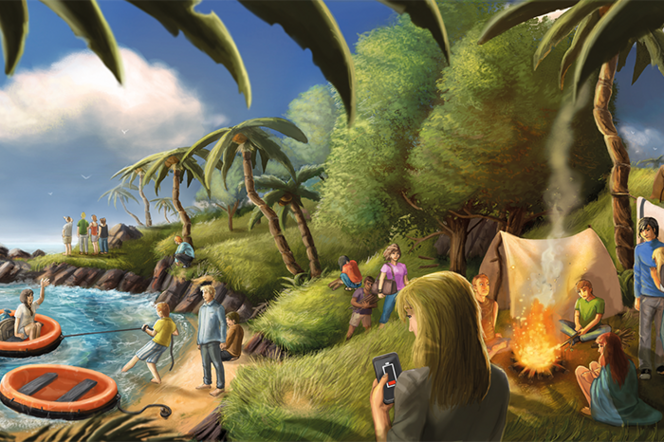 Screenshot aus dem Spiel "Isle of Economy": Verschiedene Menschen stehen am Strand einer Insel, sitzen in einem Boot oder machen ein Lagerfeuer.