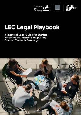 “Black cover page titled ‘LEC Legal Playbook – A Practical Legal Guide for Startup Factories and Mentors Supporting Founder Teams in Germany’