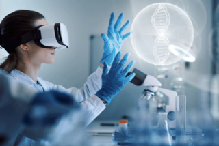 Eine Wissenschaftlerin im Labor, die eine VR-Brille trägt und einen DNA-Strang bearbeitet, der vor ihr projiziert wird. 